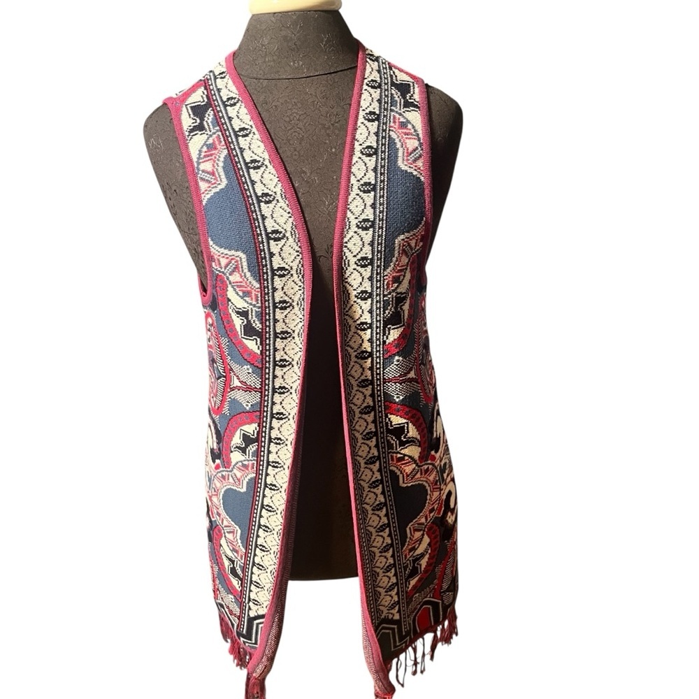 Velez Red White Blue Tribal Intarsia Knit Fringed Cotton Vest Red White Blue XS